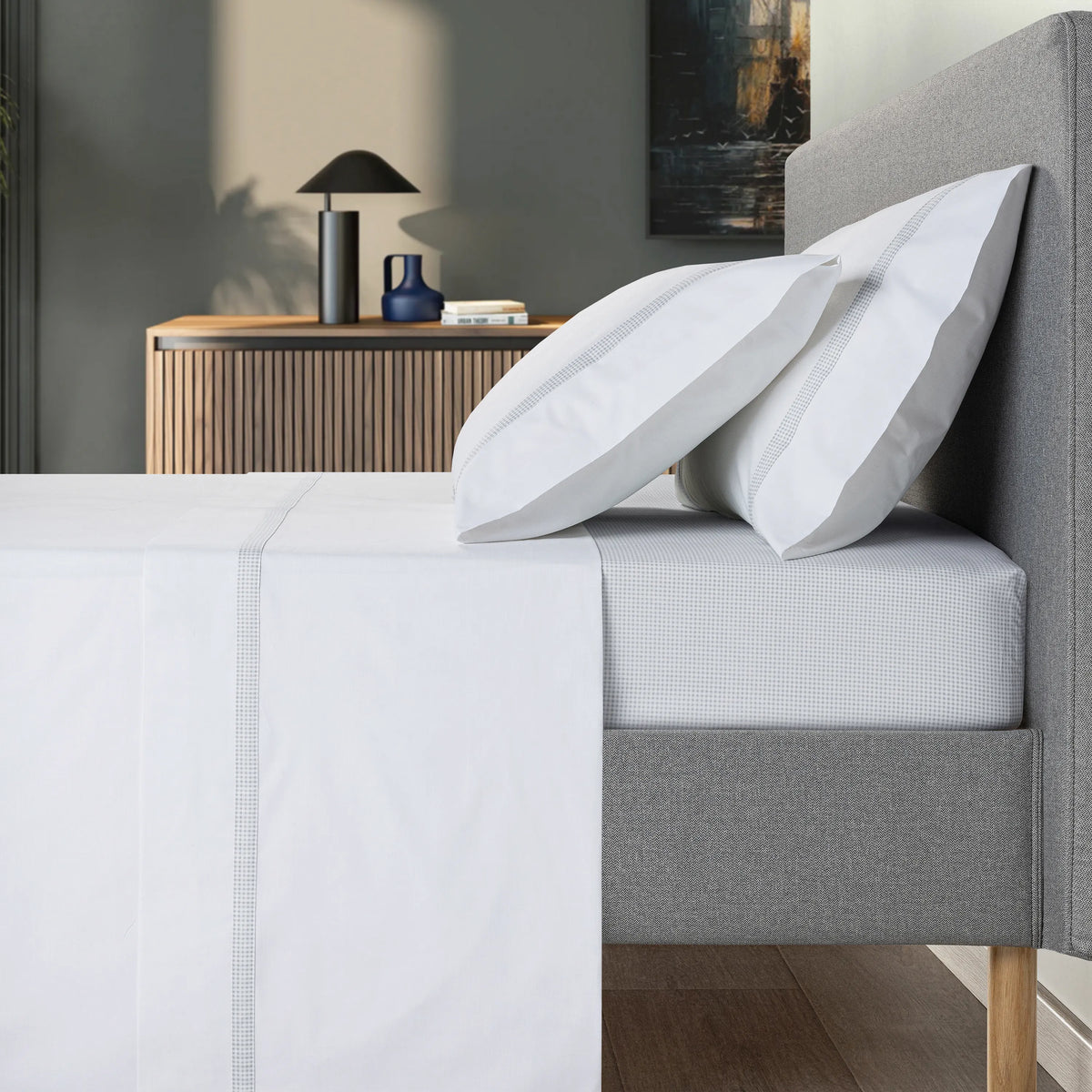 Jogos de Lençóis em Cinzento e Branco com Detalhes em Padrão Vichy
