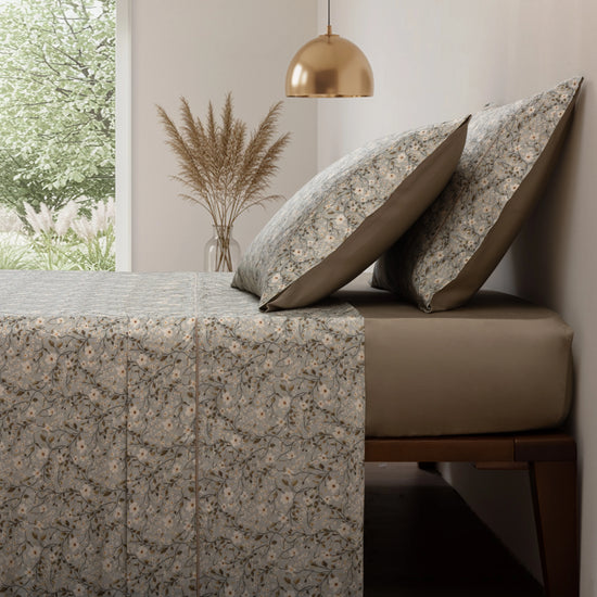 Jogo de Lençóis 100% Algodão Cetim 200 Fios Floral Taupe – 775